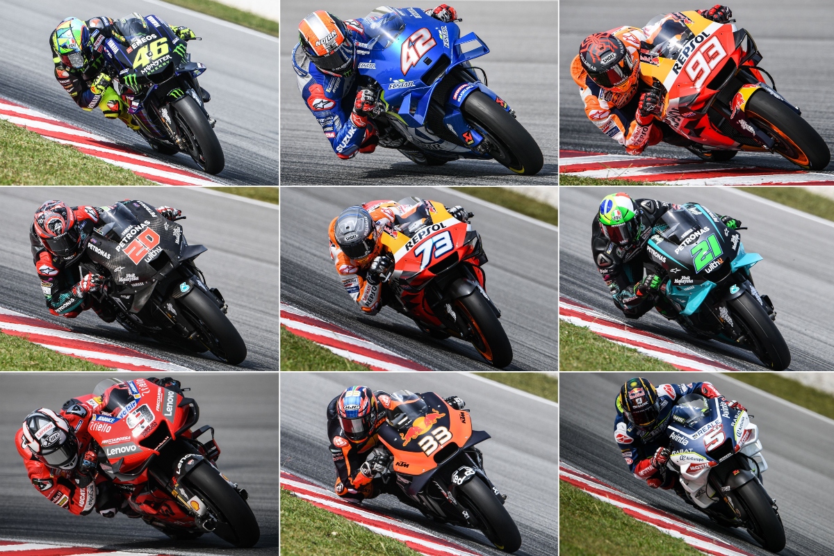 Valentino Rossi, Rins, Marc Marquez, Quartararo, Alex Marquez, Morbidelli, Petrucci, Binder e Zarco (Getty Images)