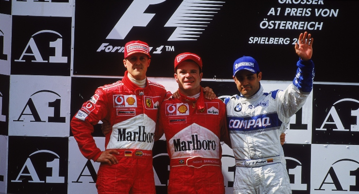 Michael Schumacher, Rubens Barrichello e Montoya (Getty Images)
