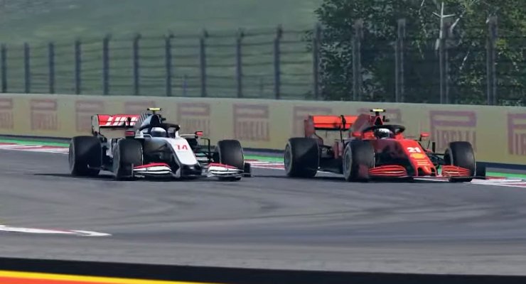 La Ferrari di Arthur Leclerc davanti alla Haas di Enzo Fittipaldi nel Gran Premio virtuale di Austria di F1