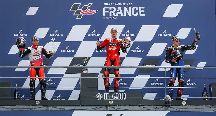 Jack Miller, Johann Zarco e Fabio Quartararo sul podio del Gran Premio di Francia di MotoGP 2021 a Le Mans