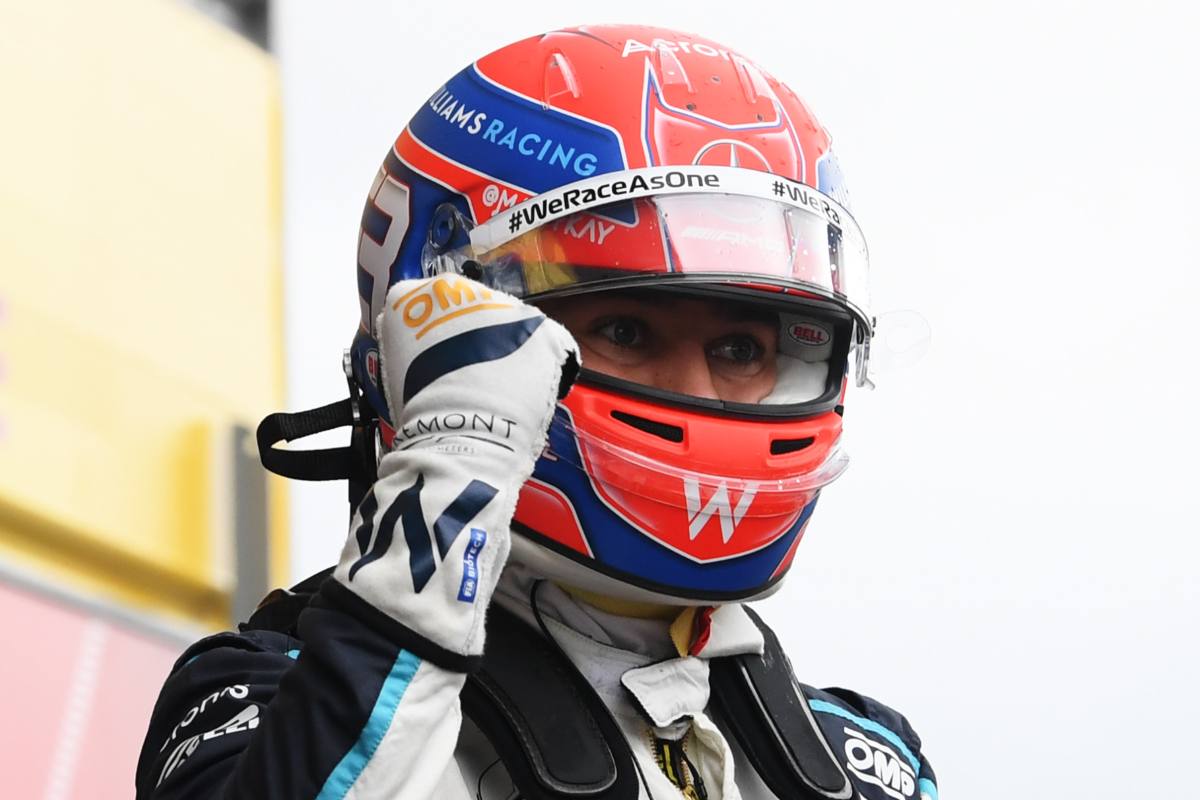 George Russell festeggia il secondo posto nelle qualifiche del Gran Premio del Belgio di F1 2021 a Spa-Francorchamps