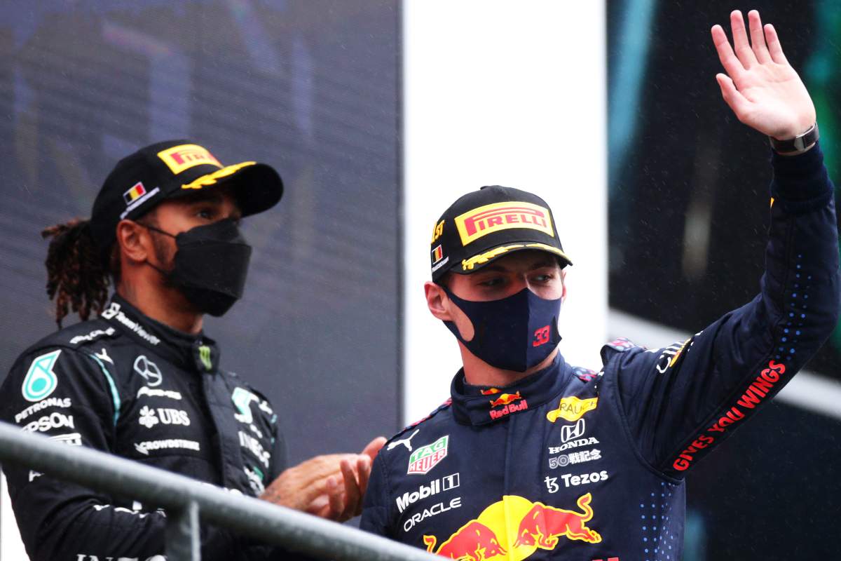 Lewis Hamilton e Max Verstappen sul podio del Gran Premio del Belgio di F1 2021 a Spa-Francorchamps