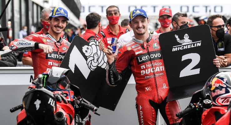 Pecco Bagnaia e Jack Miller festeggiano la doppietta in qualifica al Gran Premio di San Marino di MotoGP 2021 a Misano Adriatico
