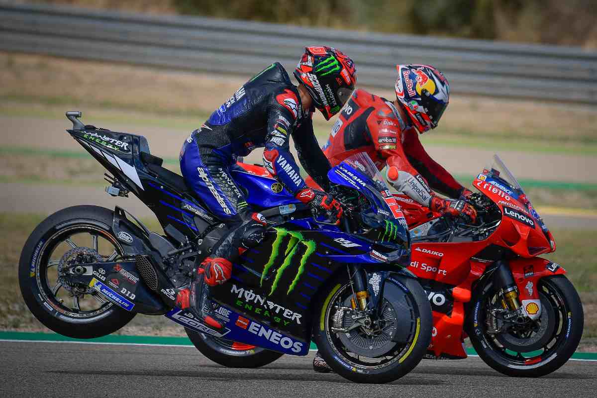 Fabio Quartararo su Yamaha e Jack Miller su Ducati nel Gran Premio di Aragon di MotoGP 2021 ad Alcaniz