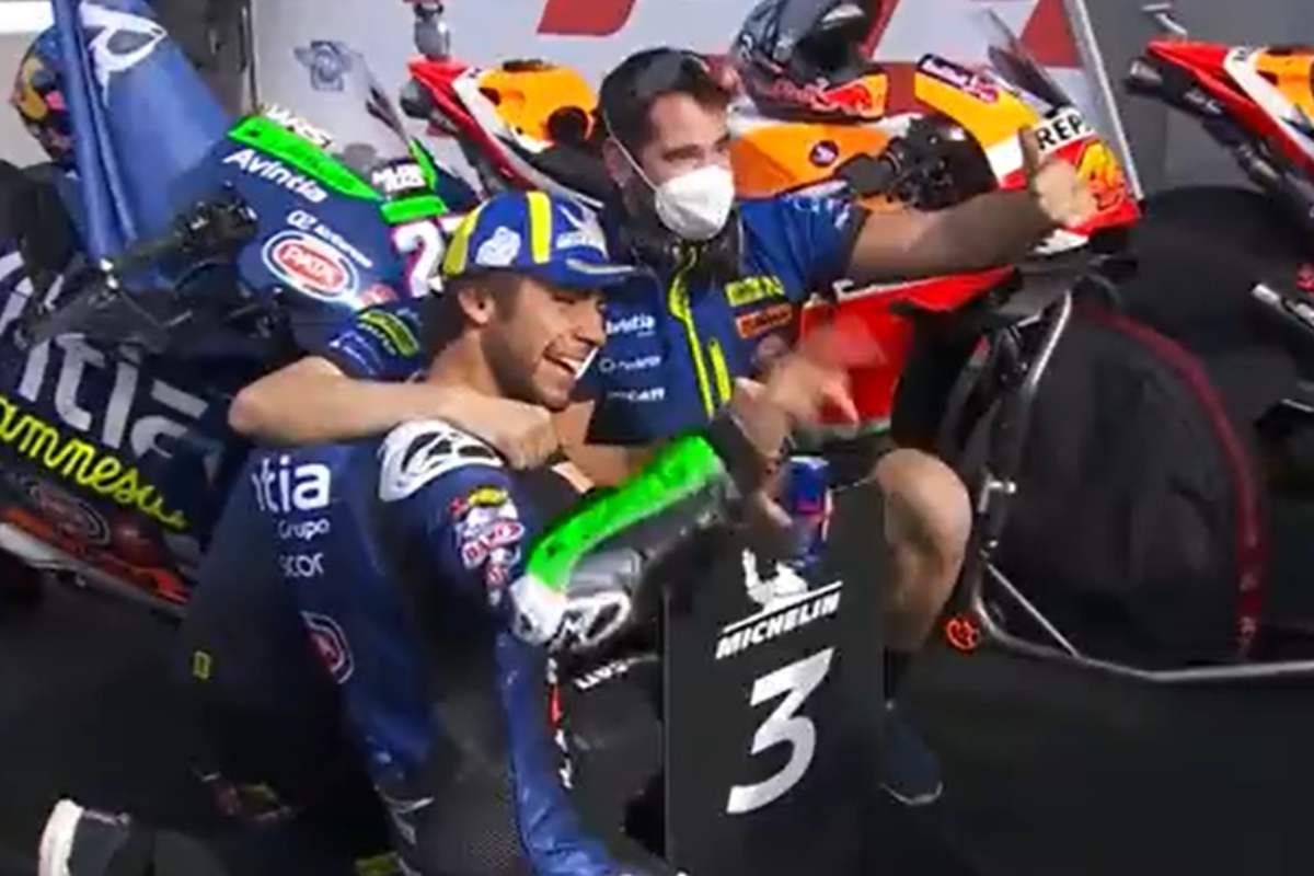 Enea Bastianini festeggia il podio nel Gran Premio dell'Emilia Romagna di MotoGP 2021 a Misano Adriatico