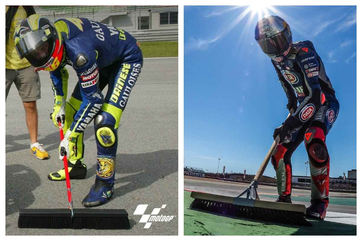 Valentino Rossi al Gran Premio di Malesia 2004, a sinistra, e Toprak Razgatlioglu a Portimao 2021 in Superbike, a destra