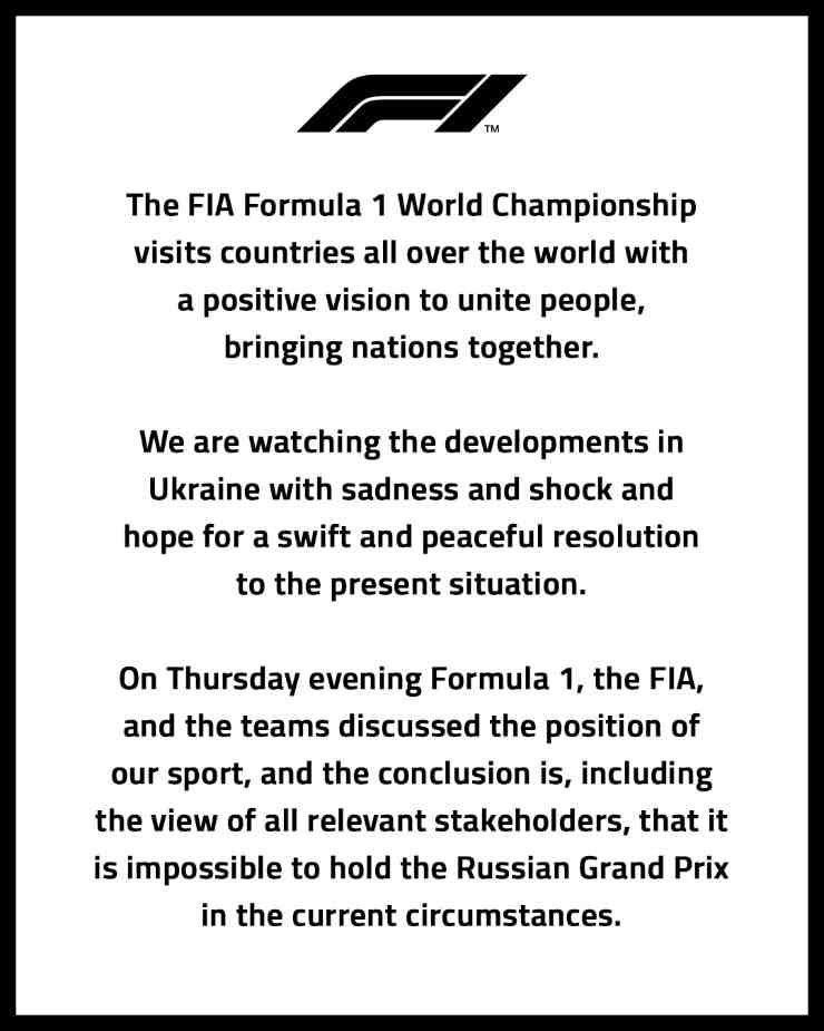 F1 comunicato GP russia 2022