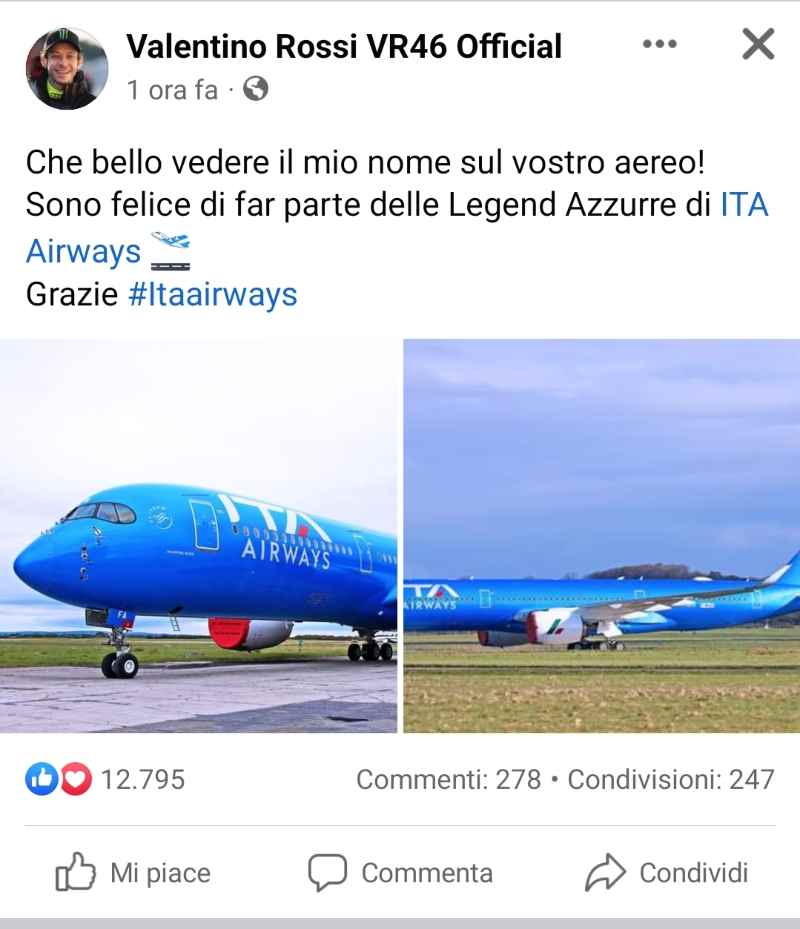 Valentino Rossi Aereo Ita (Facebook)