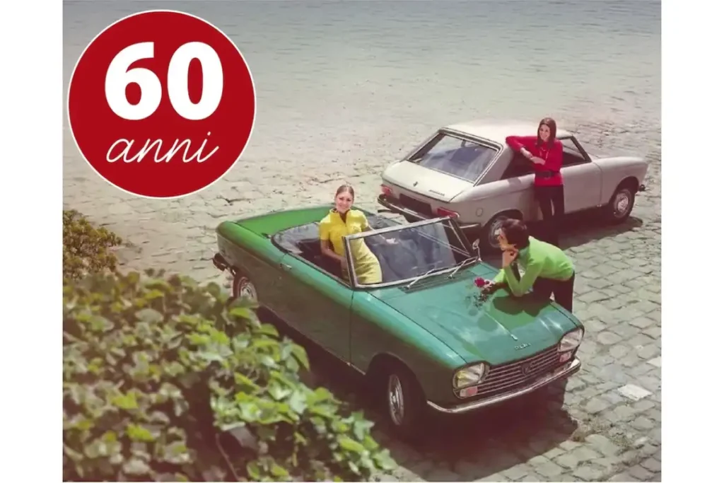 Peugeot 204 Cabriolet verde e Coupé nell’immagine ufficiale per i 60 anni